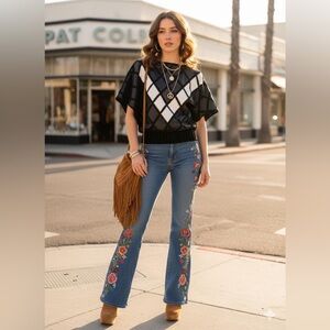 1970s Black and White Leather Patchwork With Boatneck Women's Top.